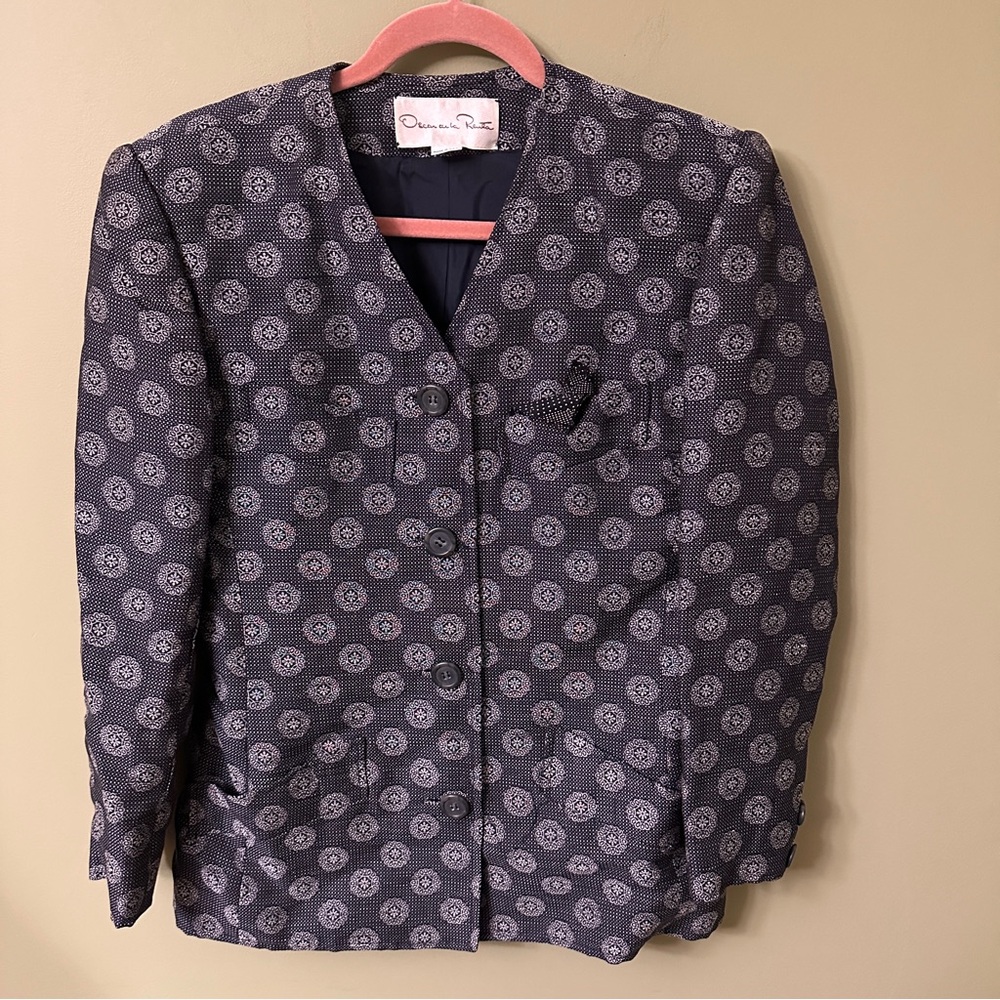 OSCAR DE LA RENTA Designer Blazer‎ Jacket Vintage Sz 10 Floral Navy Tweed